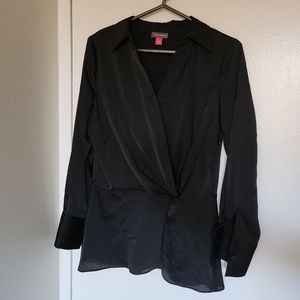 Vince Camuto Black Peplum Hammered Satin Wrap Blouse Size Small